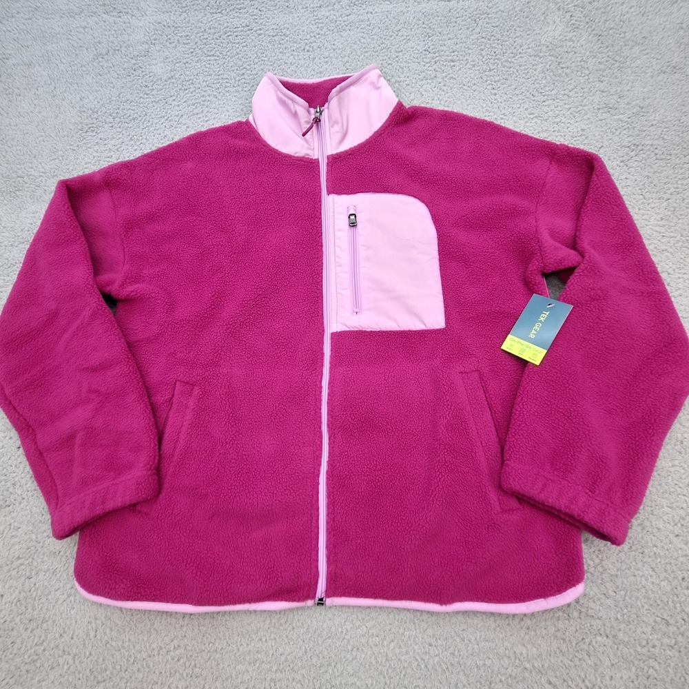 Tek Gear Jacket Womens Large Pink Fleece Full‎ Zip Colorblock Chest Pocket Warm